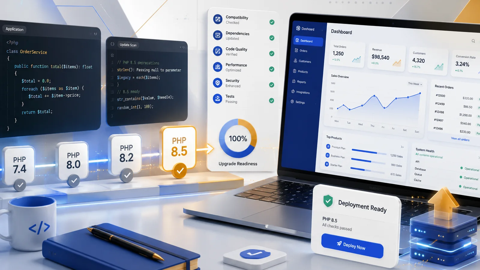 Code window, PHP versions and software management dashboard.