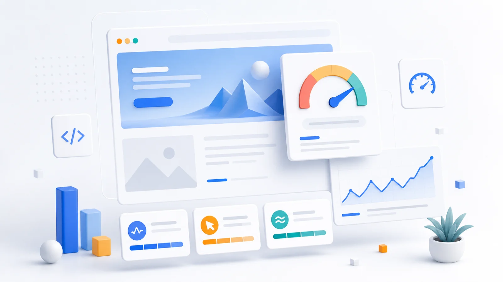 Website preview with speed gauges and performance charts.
