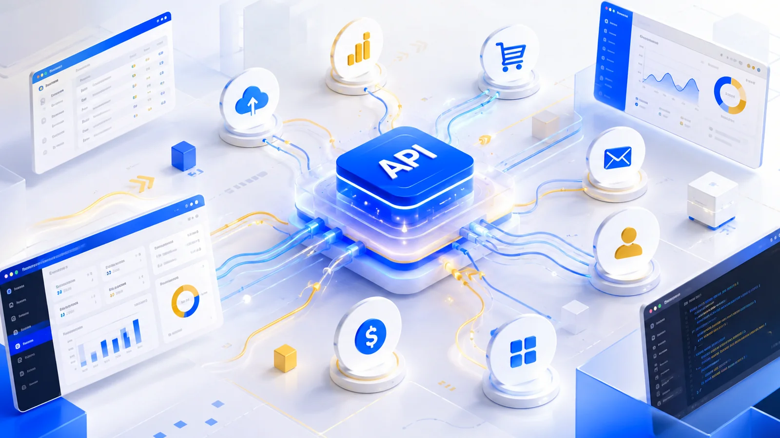 Central API hub connected to other services and dashboards.