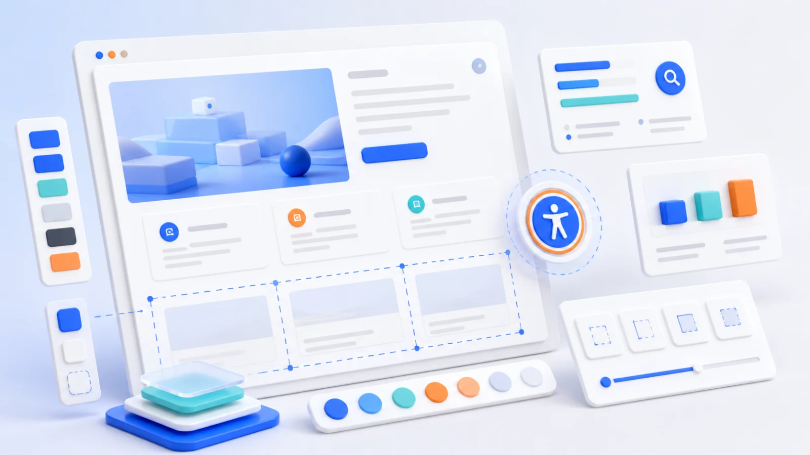 Design system with website components, colours and accessibility icon.