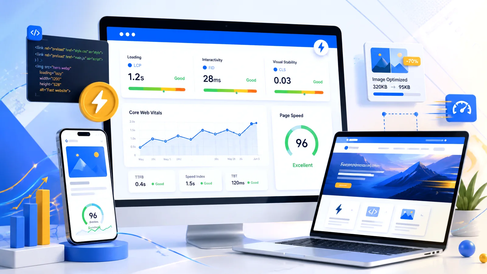 Website and devices beside a dashboard with performance charts.
