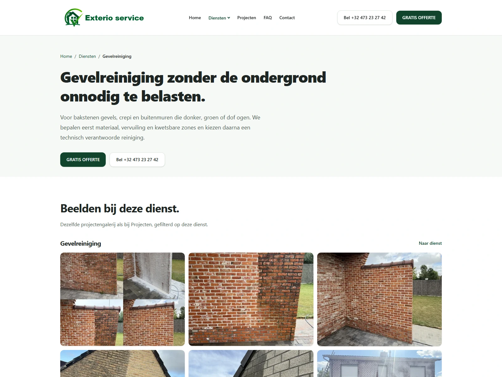 Gevelreinigingspagina met voor-en-na projectbeelden.