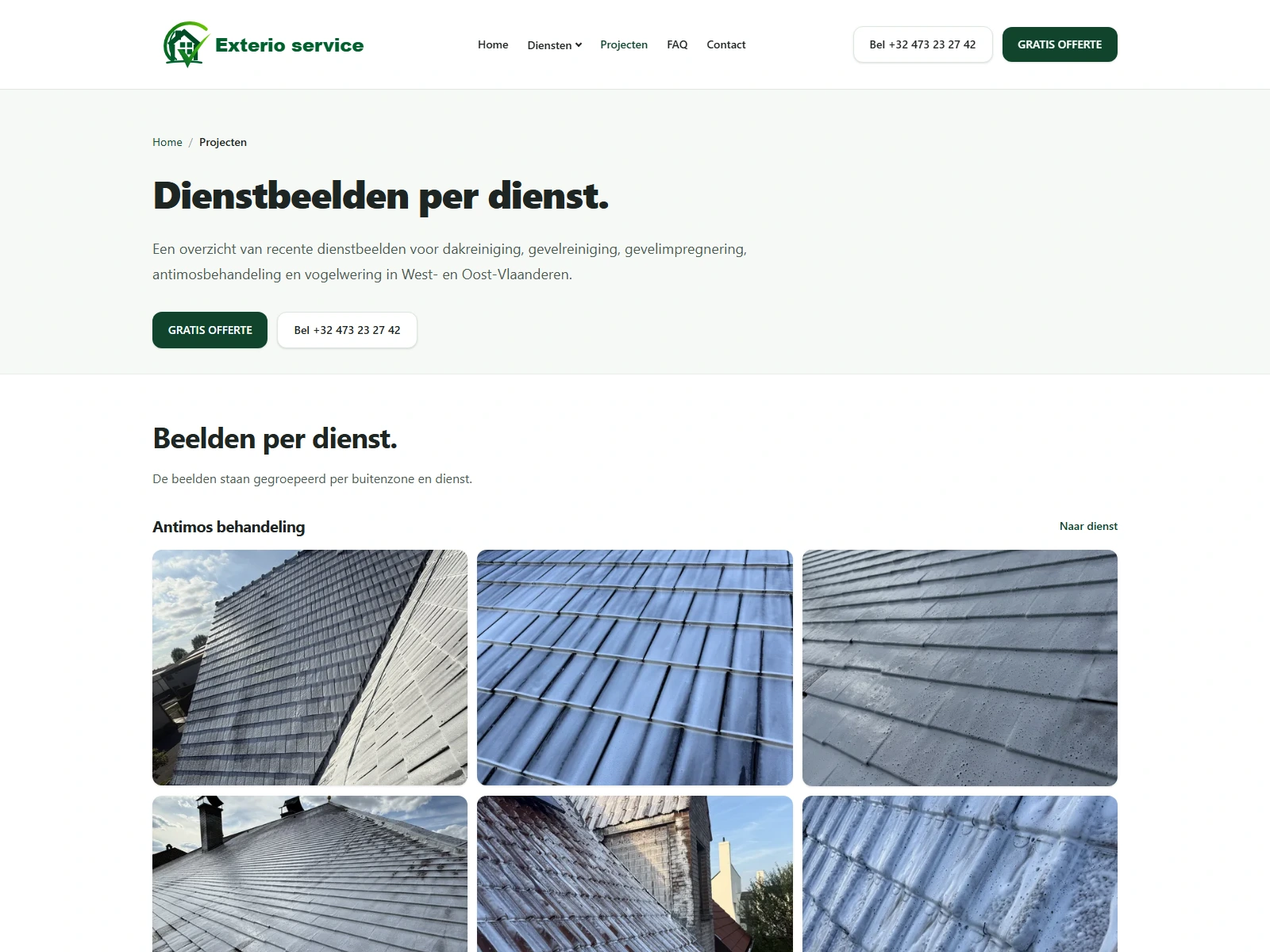 Projectenoverzicht van Exterio Service met reinigingsbeelden per dienst.