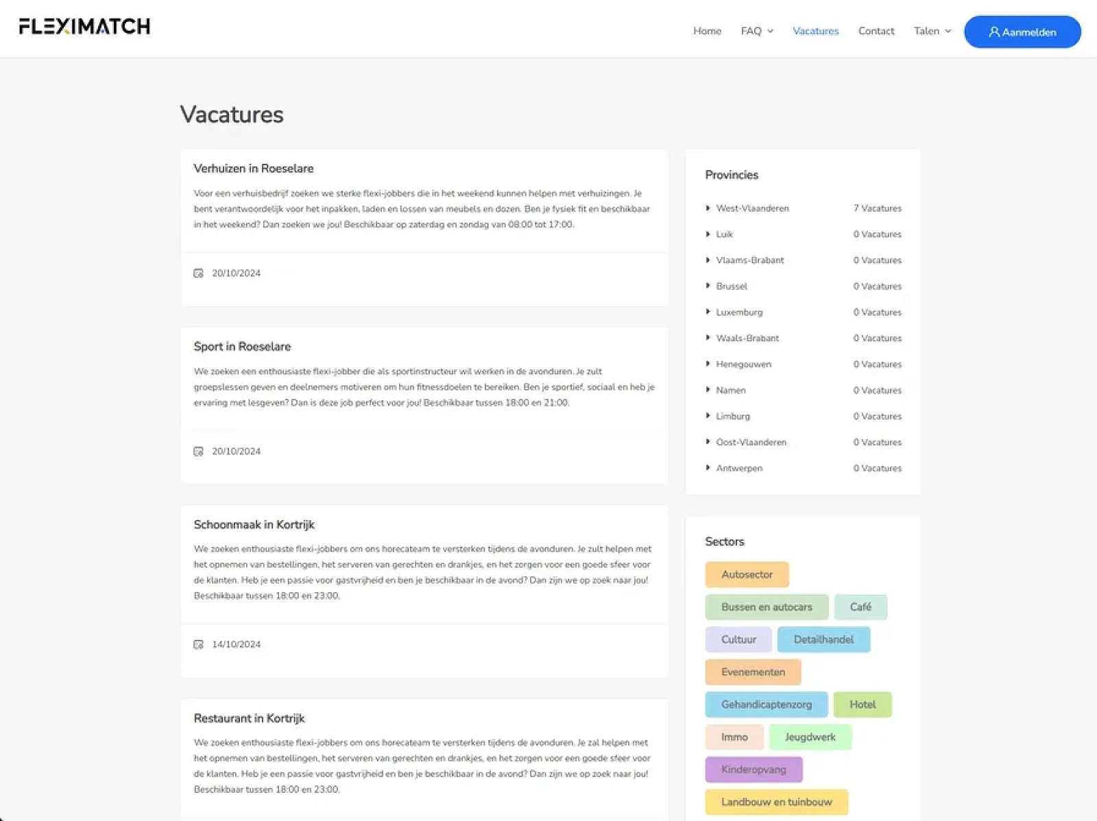 Job overview with sector and province filters.