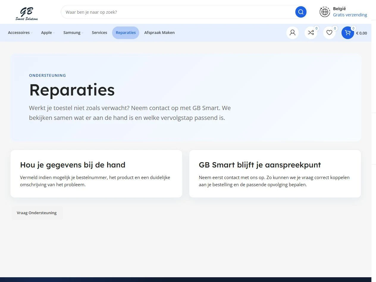 GB Smart Solutions repair page with a route to customer support.
