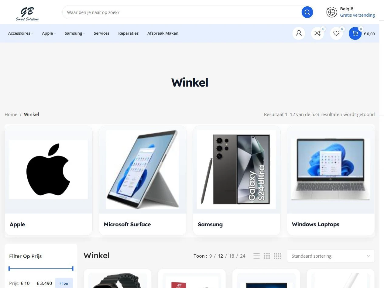GB Smart Solutions webshop overview with product categories.