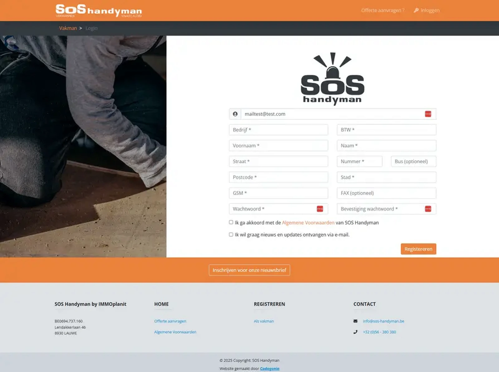 Registration flow for professionals on SOS Handyman.